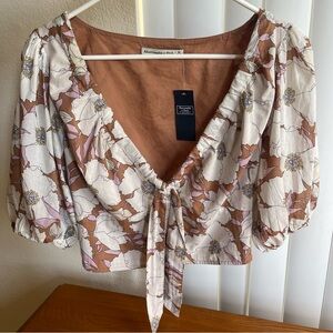 Abercrombie & Fitch Floral Crop Top Puff Sleeves Front Tie Size M